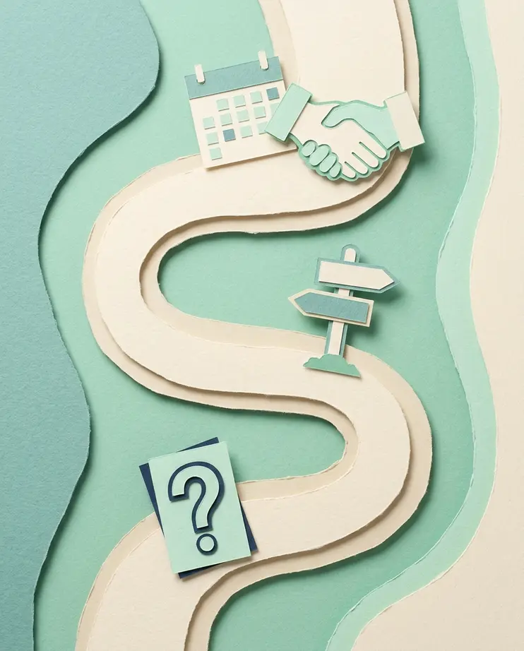 Paper-cutout path winding through three waypoints — a question card, a signpost with two arrows, and a calendar beside a handshake.
