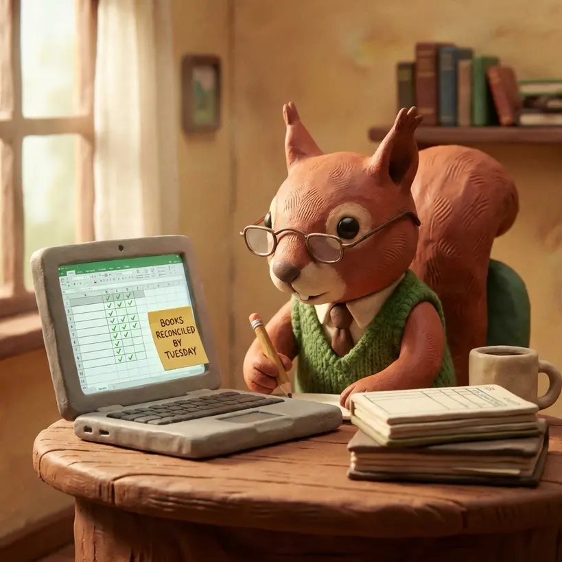 The Analytical Squirrel at her desk reconciling books on a laptop — speech bubble: Books reconciled by Tuesday.